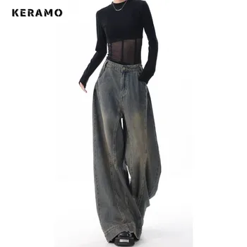 Amerykański Retro jeansy oversize z wysokim stanem spodnie Vintage dla kobiet luźne w stylu Casual Y2K szerokie nogawki Grunge Streetwear dżinsowe spodnie