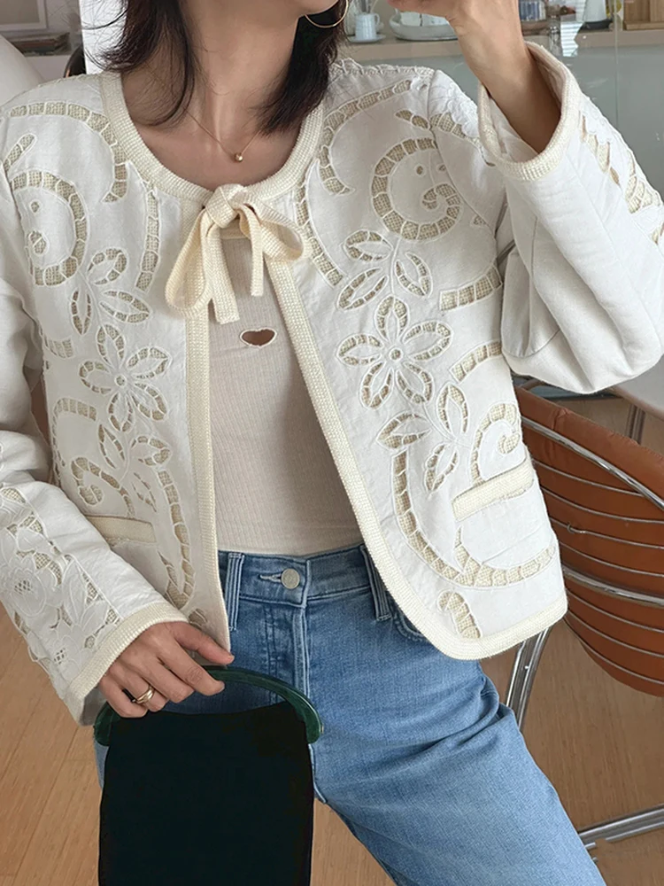 

Женская куртка Ele round Ne из хлопка и льна с вышивкой, с поясом-завязкой, роскошная, свободного кроя, короткое пальто для женщин