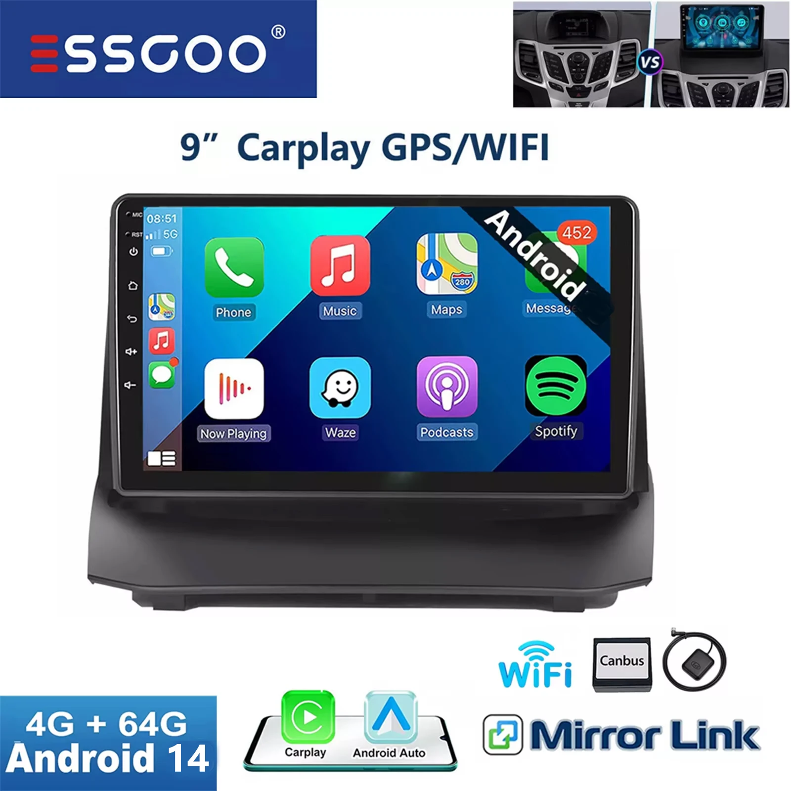 Essgoo 9 ''2DIN Apple Carplay Voor Ford Fiesta MK6 09-13 Android 14 Autoradio Radio GPS Navigatie FM RDS Wifi Multimedia Speler