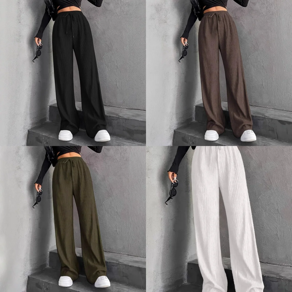 

Лето 2025 г., женские прямые широкие брюки с узкой талией и тонкой полоской, однотонные повседневные брюки