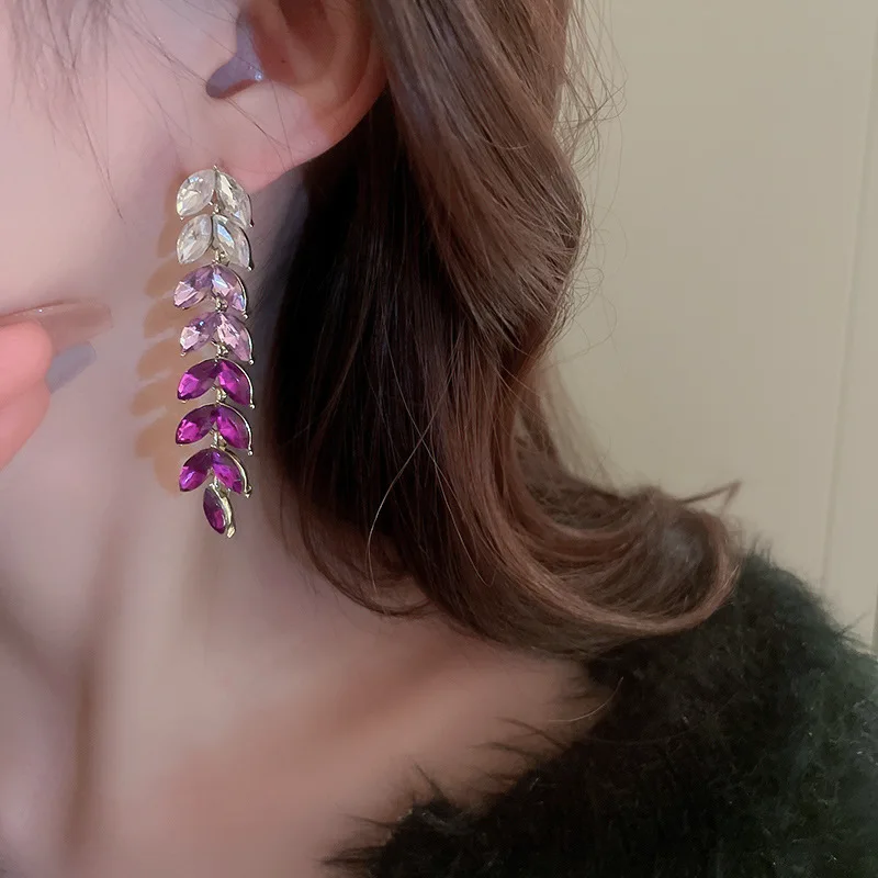 ZAKOL Gradient Purple Wheat Earrings Shiny Leaf Colorful Zircon Long Drop Earring Luxury Jewelry Gifts