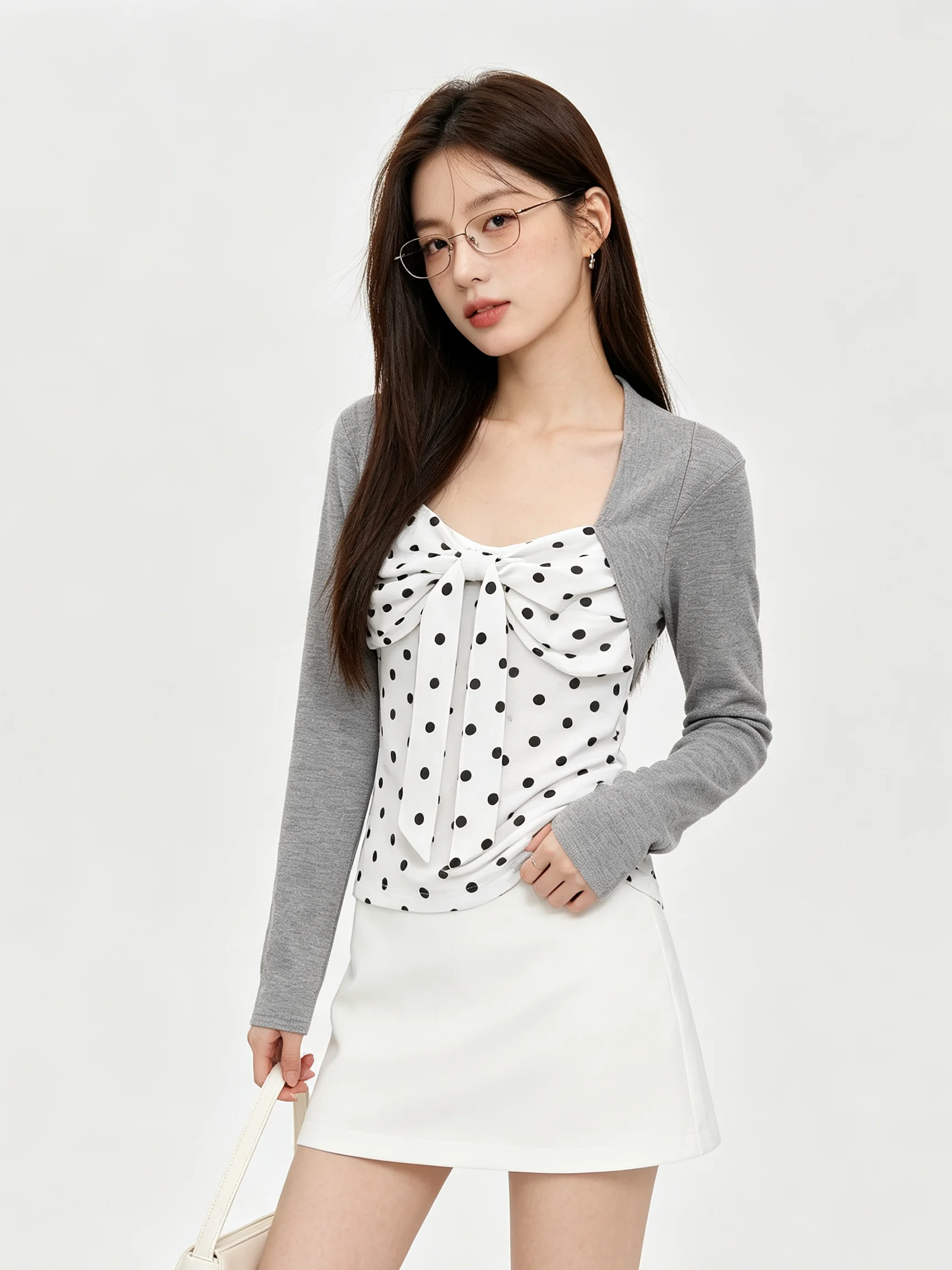 Slim Fit Polka Dot Long Sleeve T-Shirt Sweet  Knot Short Style Inner Wear Top Korean Style Breathable Skin-friendly