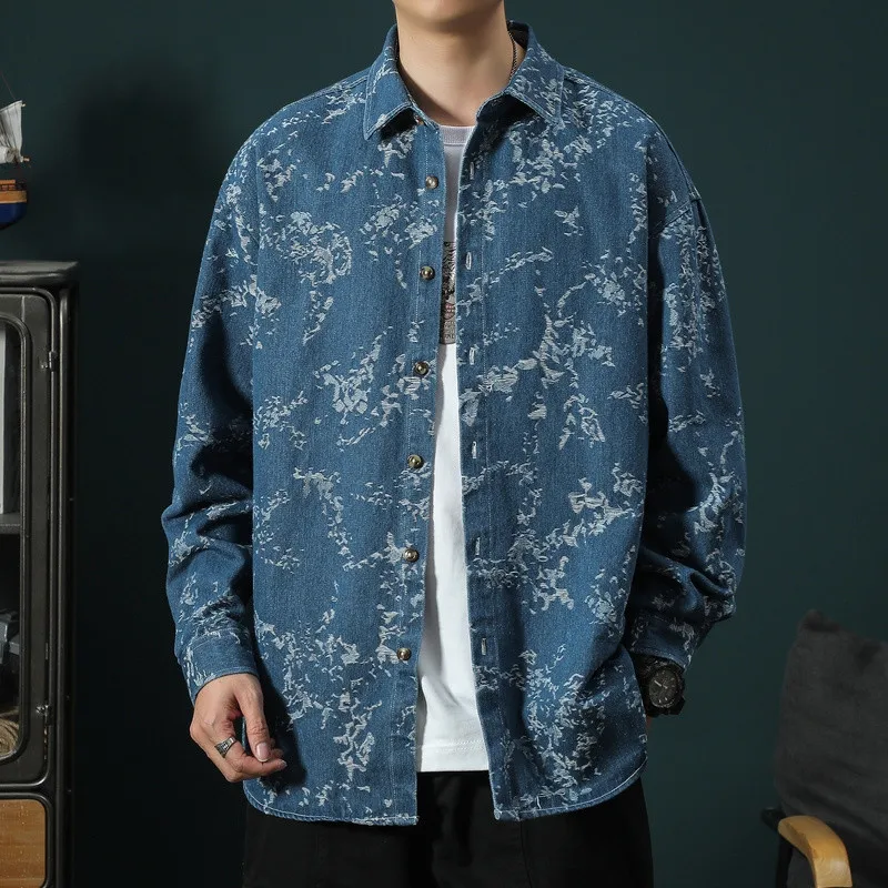 2024 Spring and Autumn New Fashion Printed Long Sleeve Denim Shirt Men\'s Casual Relaxed Comfortable Breathable Large Size Shirt