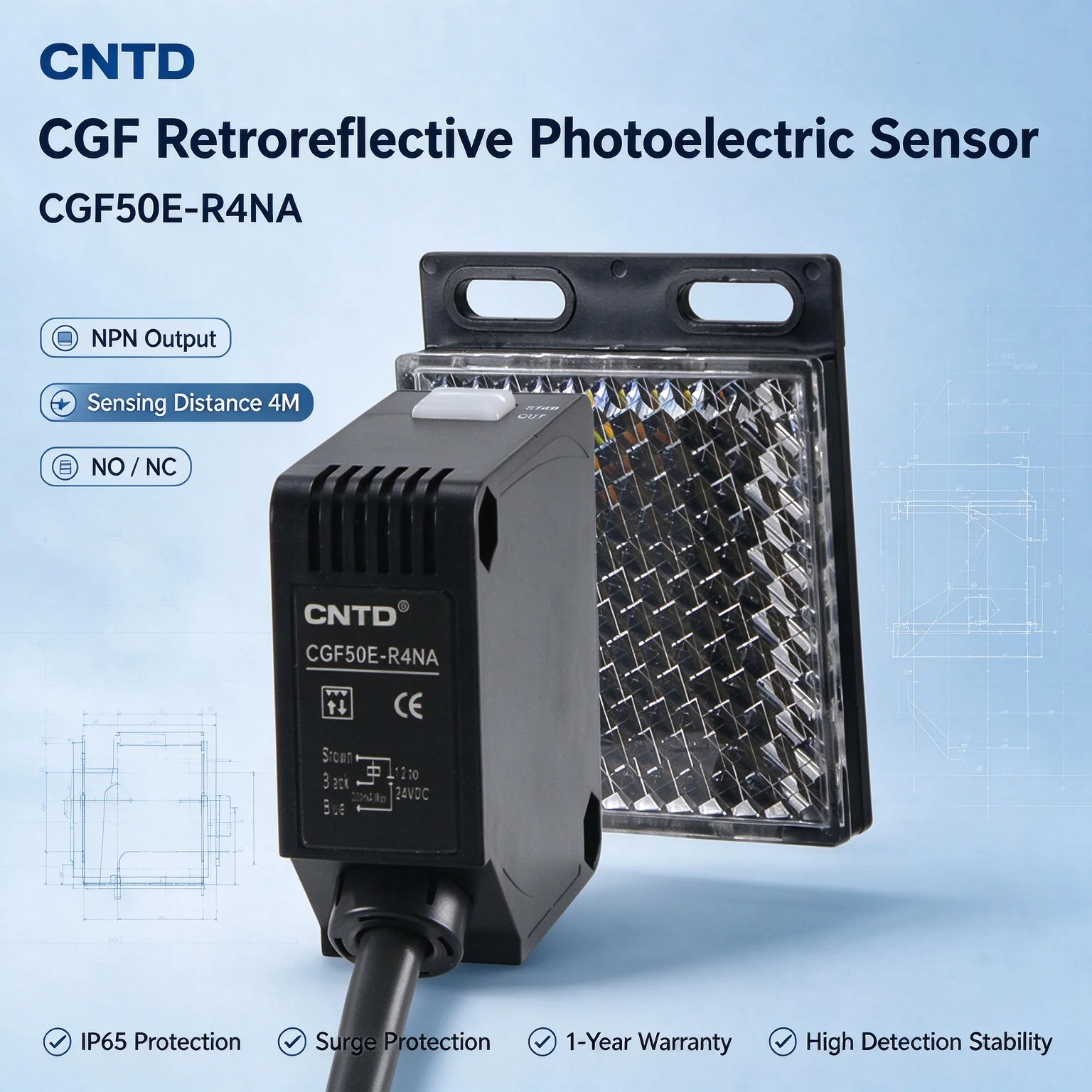 CNTD Retro-reflective Square Photoelectric Switch CGF50-RM4DNA, M50 NO+NC Sensor with mounting bracket Sensing Distance 4m