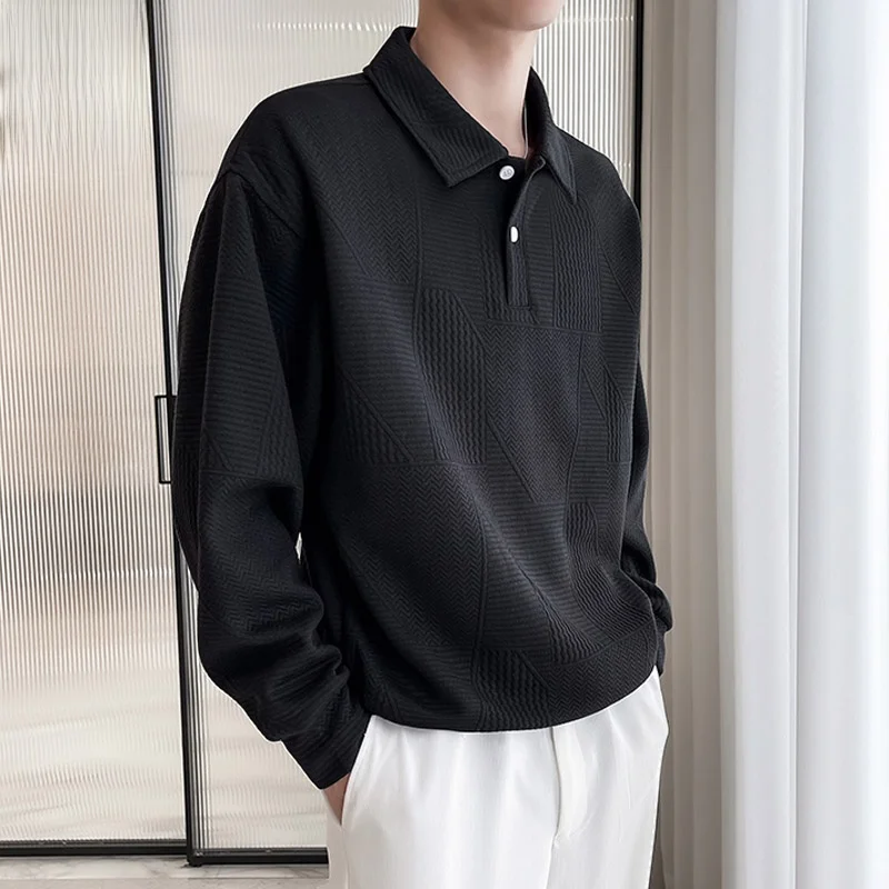 

Мужская свободная футболка с длинным рукавом и воротником, черная, весенняя, модная, молодежная, хлопковая, антиоксидантная