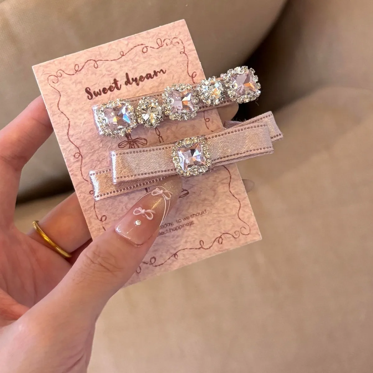 2pcs Korean Pink Rhinestone Bow Hair Clip, Women's High-End Feel, Heavy Industry Headwear, Broken Hair, Bangs, Side Clips