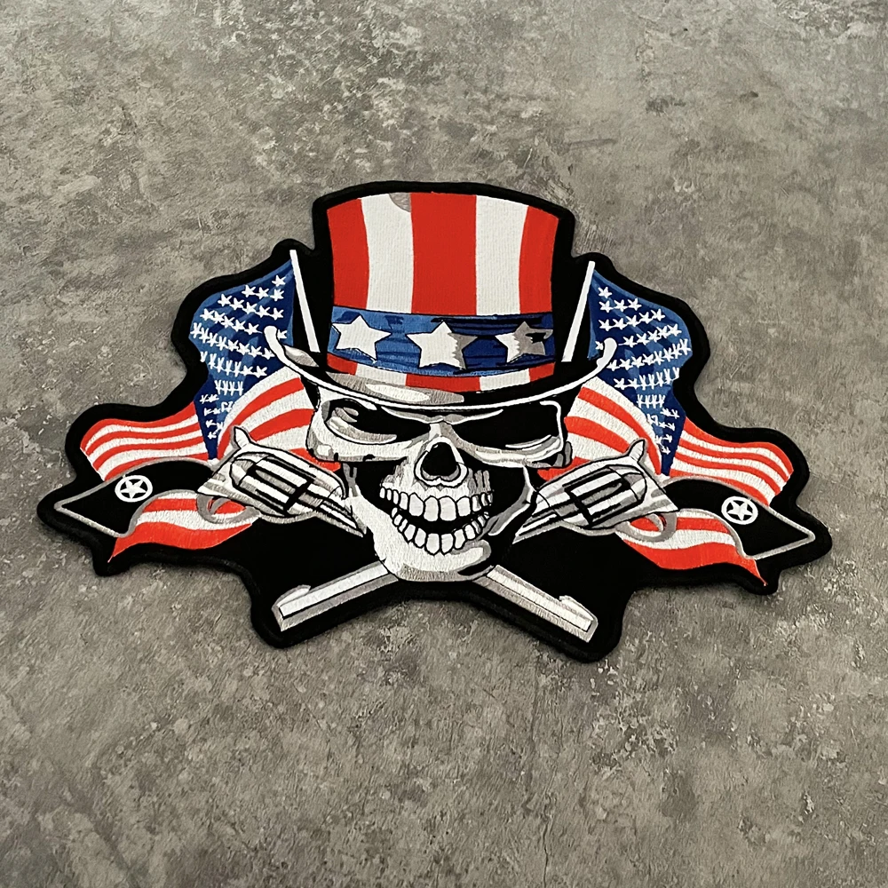 USA Flag America Skeleton Double Gun Large Embroidery Patch Motorcycle RiderJacket Back Clothes Decoration DIY Hand Sewing