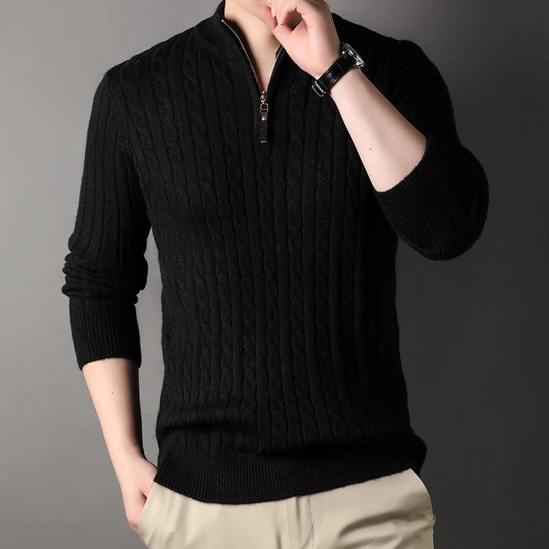 2023 Winter Men\'s Quarter Zip Sweater Slim Fit Casual Knitted Turtleneck Pullover Mock Neck Polo Sweater