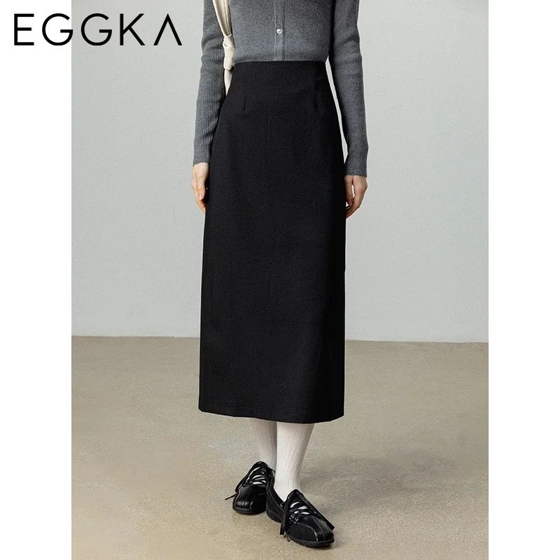 EGGKA  Autumn Back Slit Midi Skirts High Waist A-line Skirt for Women Slim Solid Mid Skirts Female Commute Straight Skirt Black