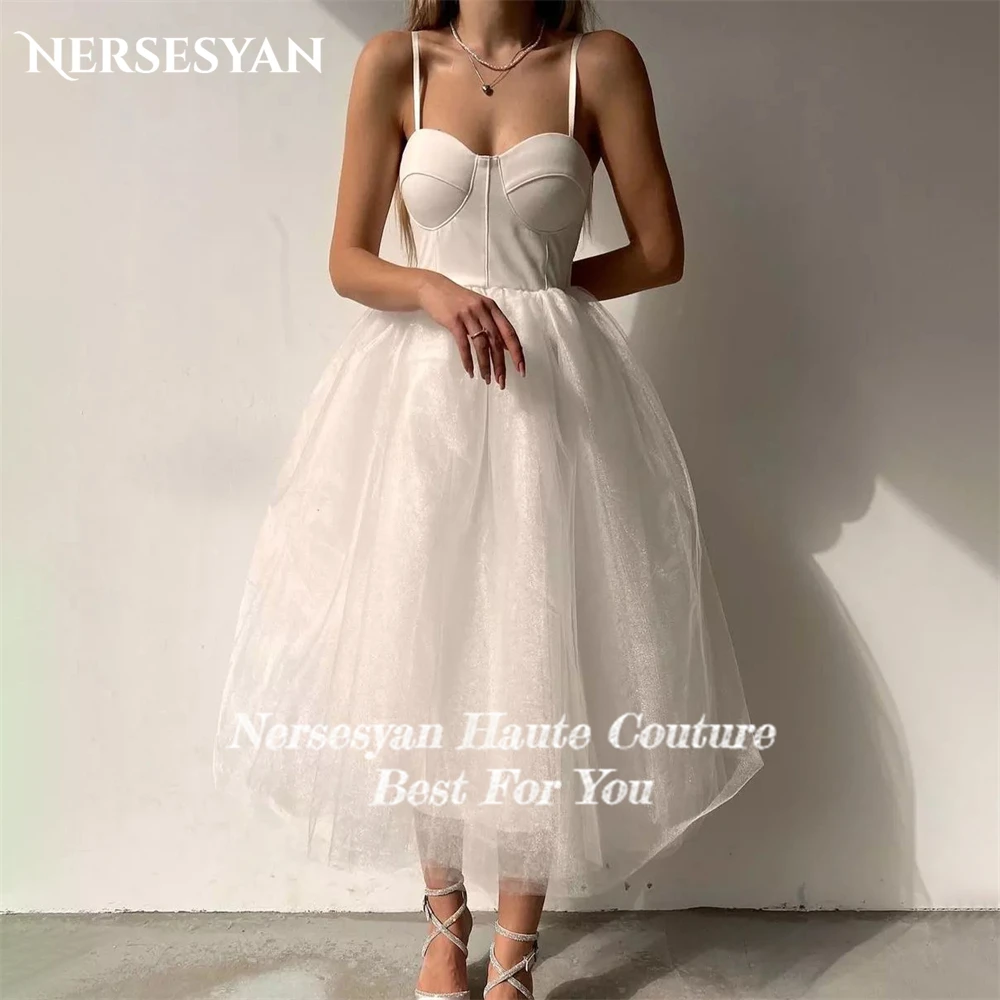 Nersesyan Eleghant Glitter Wedding Dresses A-Line Spaghetti Straps Tea Length Bridal Gowns Backless Sparkly Sequins Bride Dress