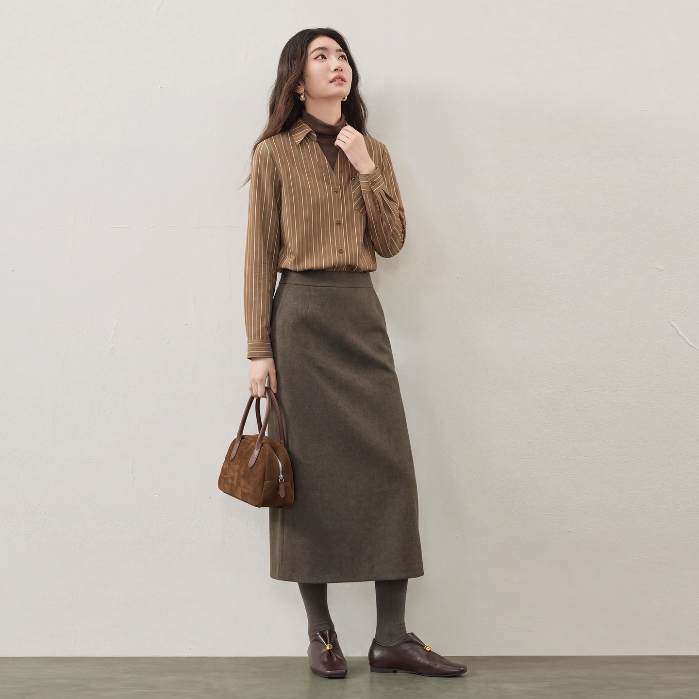 SENTUBILA Women Vintage Two‑Piece Set Contrast Striped Blouse Straight Skirt Winter Long Sleeve Office Commuter Outfit 164ZA8535