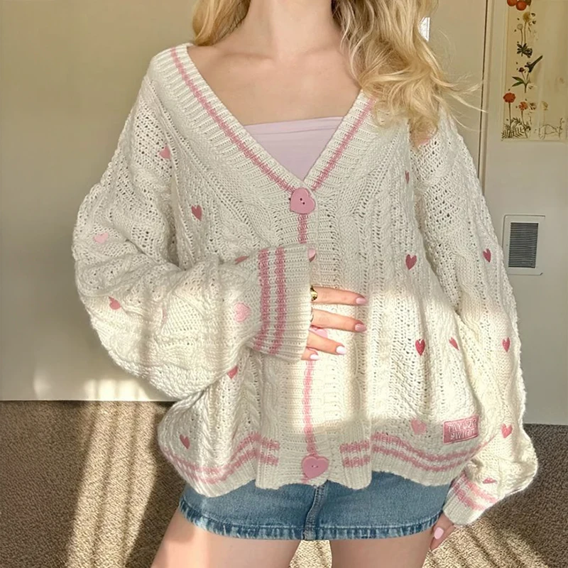 

Уютный Мягкий Вязаный Кардиган для влюбленных с вышитыми звездами и розовыми сердечками, винтажный свитер-жакет на осень и зиму 1989