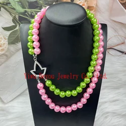 Two layer 12MM pink green pearl stainless steel maple leaf pendant necklace