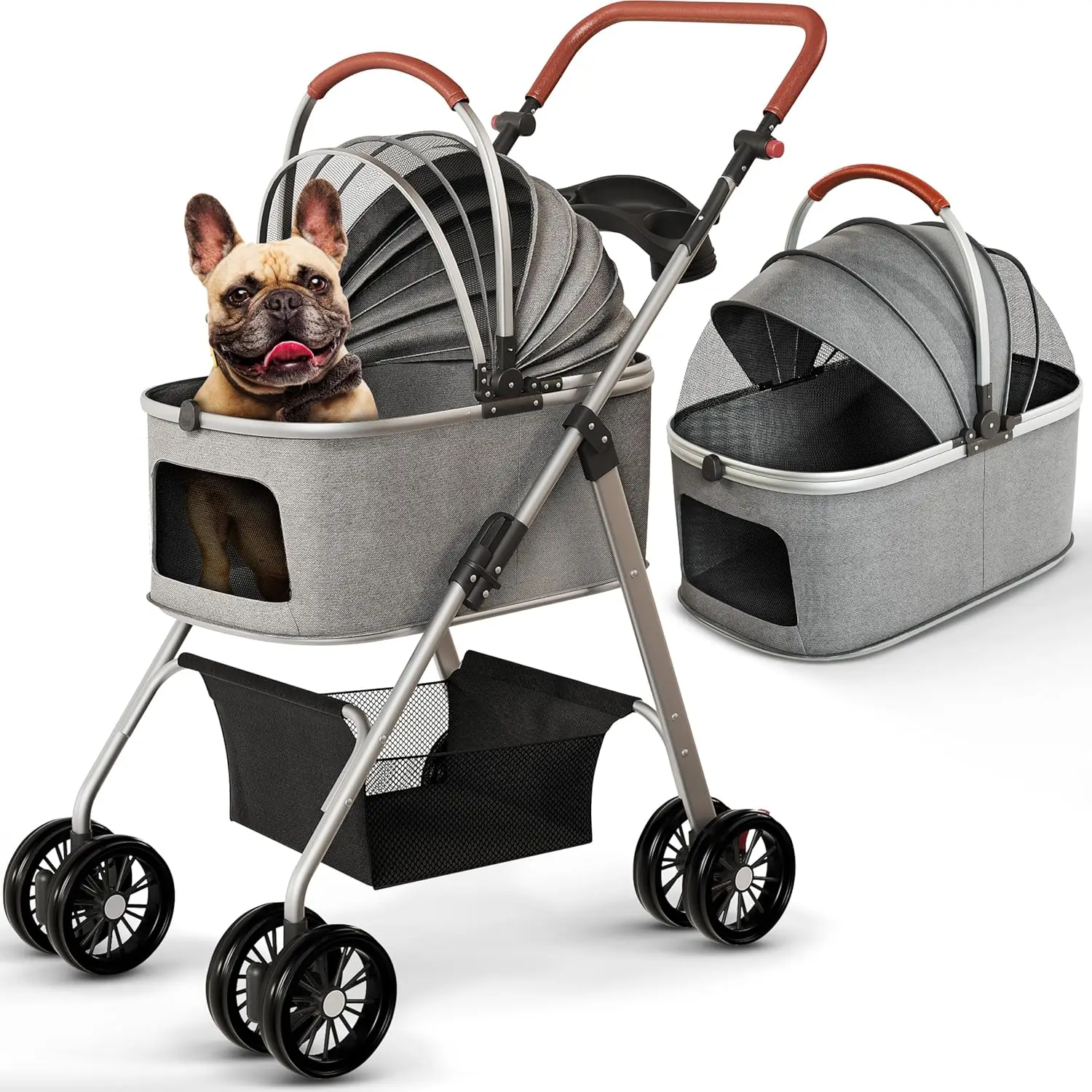 

Pet Stroller, Cat Stroller – Zipperless Entry, Easy Fold with Removable Liner, Storage Basket + Cup Holder (Gray)