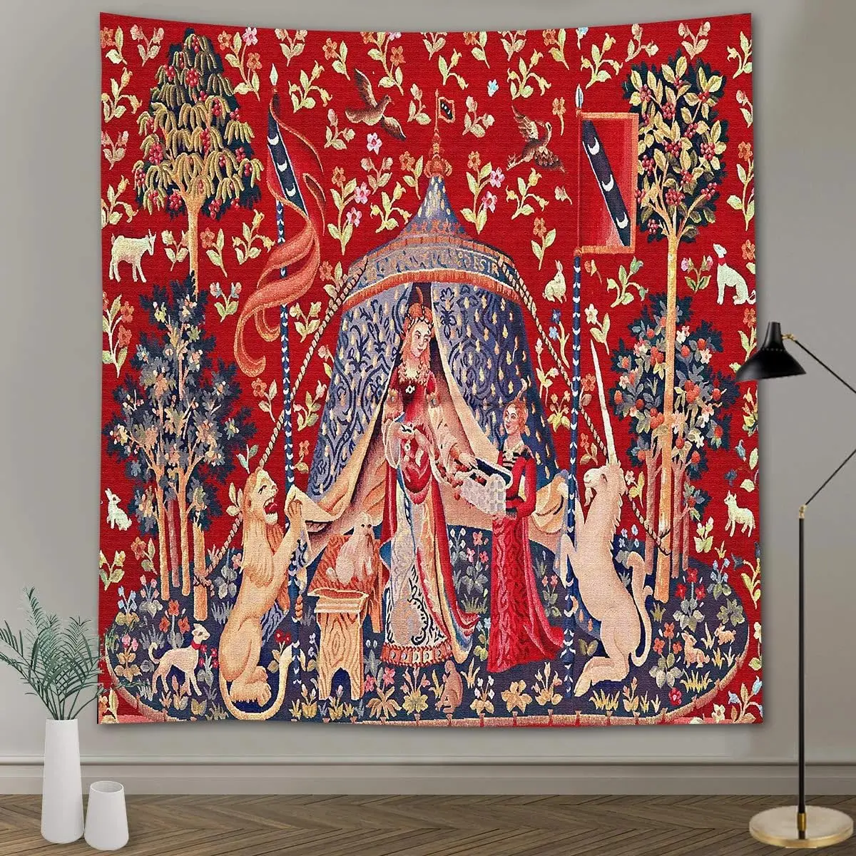 Medieval Lady and Unicorn Tapestry, Lion Renaissance Red Floral Art Print Wall Hanging for Bedroom Living Room Dorm Home Decor