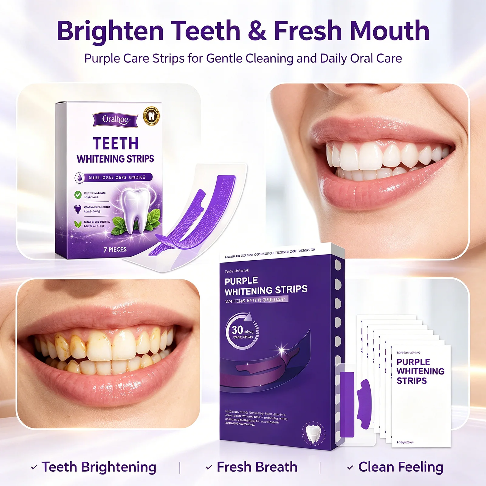 Purple Teeth Whitening Strips 7 Pcs Gentle Care Stain Coffee Drinkers Remover Breath Freshening Mint Adhesion Oral Hygiene