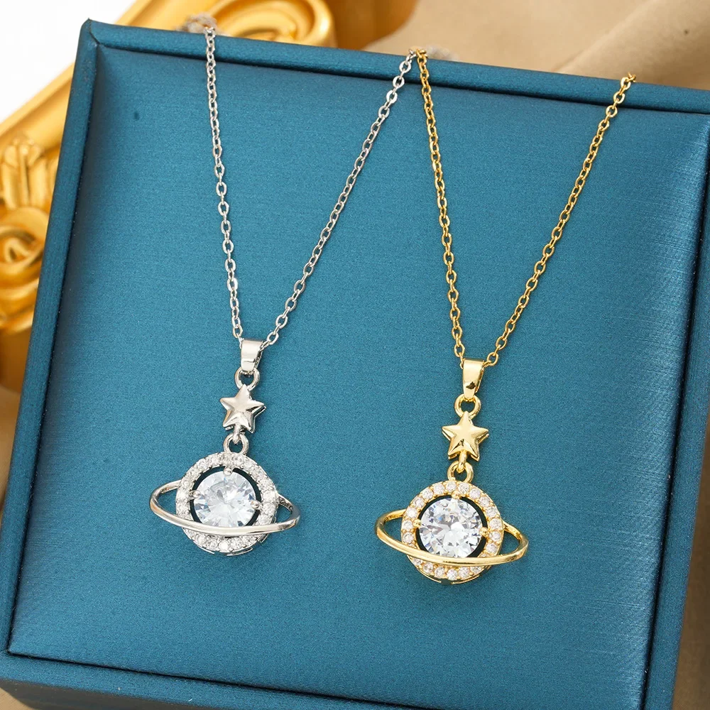 Элегантное ожерелье на ключицу со звездой и цирконием, планетарное ожерелье из титановой стали, женская легкая роскошь, нишевый дизайн