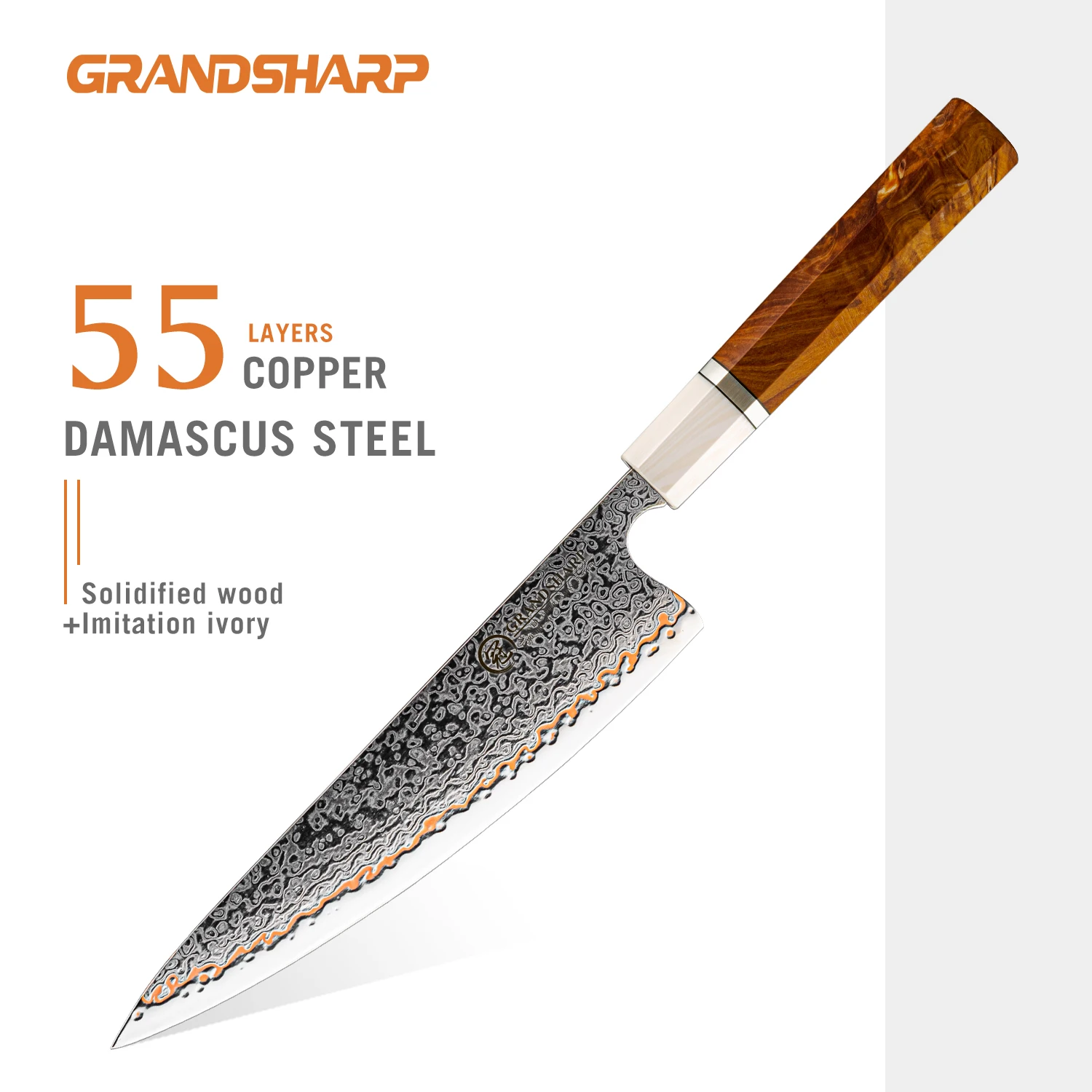 

Кухонный нож Grandsharp 8 дюймов, японская дамасская сталь с 55 слоями медного сплава, сердцевина из стали 10Cr15CoMoV, рукоять из упрочненной древесины, подарок для шеф-повара