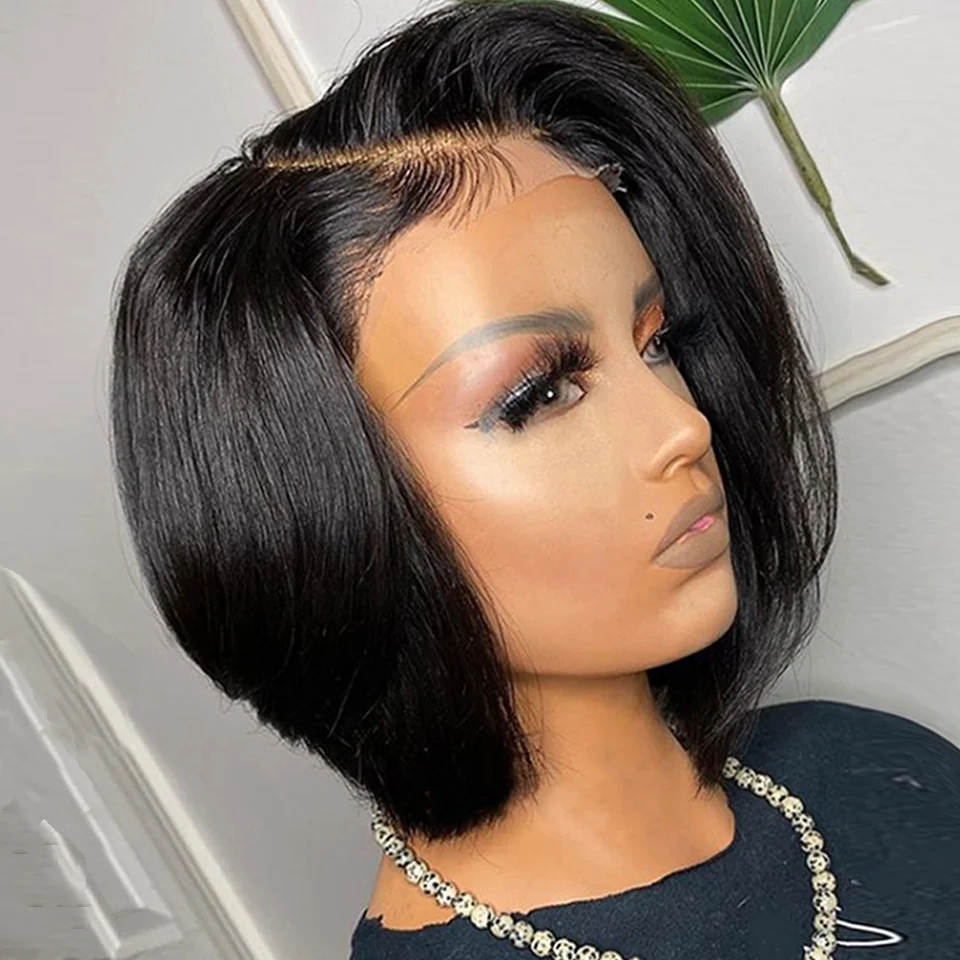 Soft Natural Black Glueless 180Density Short Cut Bob Straight Deep Lace Front Wig For Women With Baby Hair Preplucked Daily