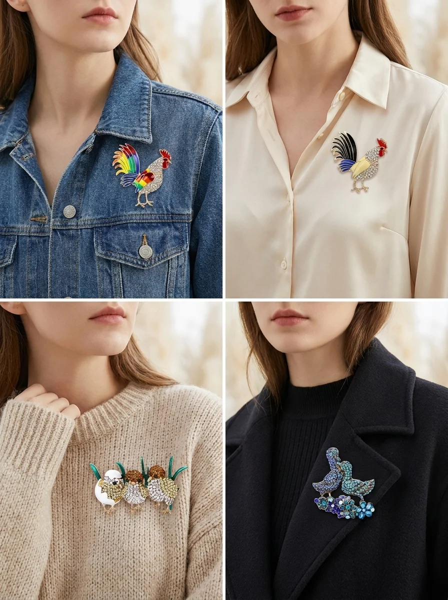 Stylish Rhinestone Rooster Brooches for Women Enamel Animal Ducks Birds Pins Friend Event Party New Gifts Jewelry Decoration