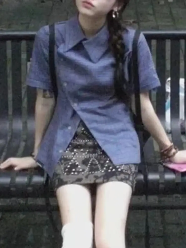 Japanse Elegante Retro Blauwe Geruite Shirts Vrouwen Losse Korte Mouw Blouses Zomer Koreaanse Chic Blusas Mujer 2000s Vintage Y2k