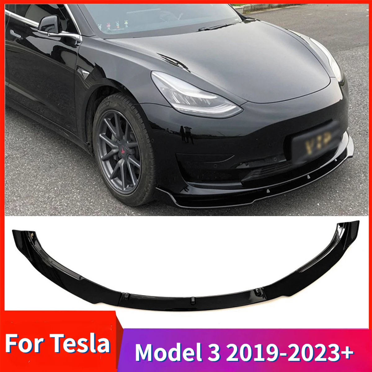 Car Front Bumper Lip for Tesla Model 3 2019-2023+ Gloss Black ABS Splitter Diffuser Body Kit Spoiler Guard Protector Accessories