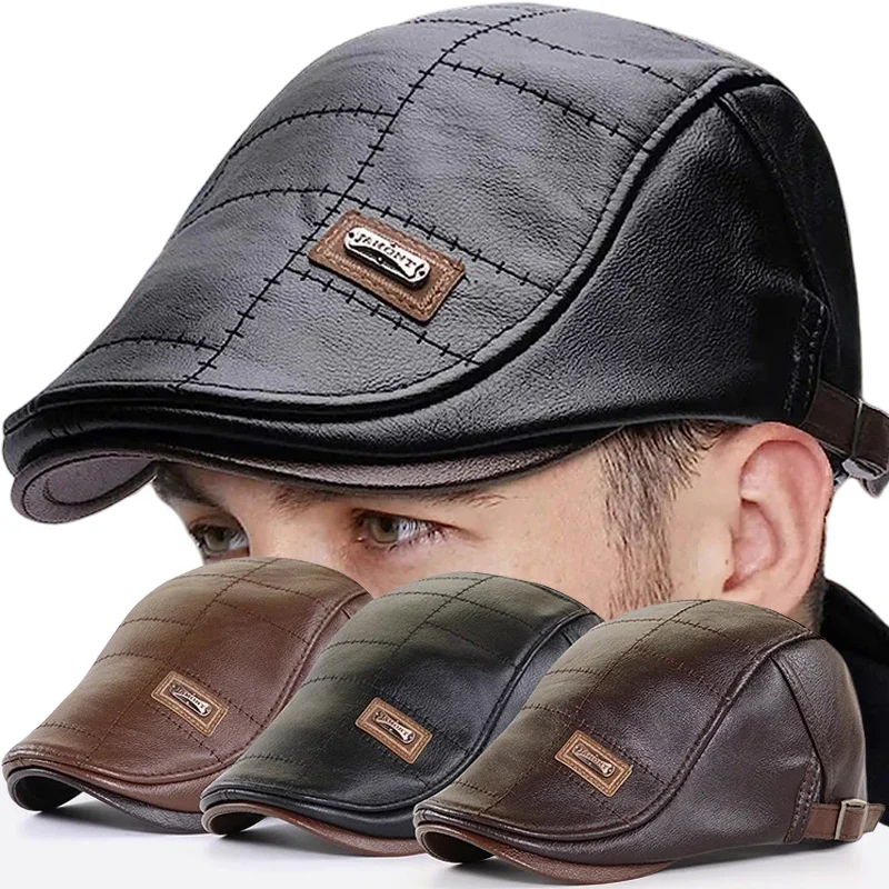 Vintage Men Beret Hat Leather Flat Hats Warm Autumn Winter Windproof Adjustable High Quality Peaked Cap Mens Retro Beret Caps