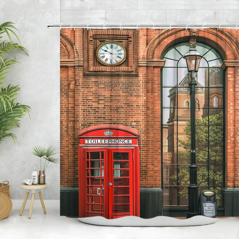 Urban Building Shower Curtain, Vintage Paris Tower Big Ben Street Scenery Red Phone Booth Plant Flower Polyester Bathroom Decor