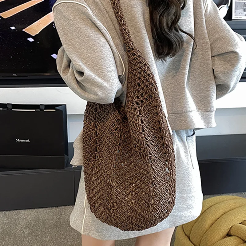 Полая пляжная сумка в стиле Ins 2025 — новая художественная трикотажная тканая сумка на одно плечо для отдыха на море