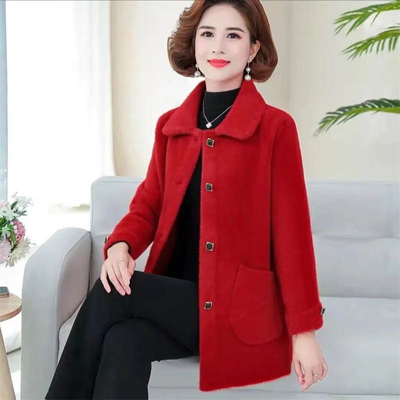 MÙA THU ĐÔNG Mới Giả Chồn Lông Cừu Dày Áo Cardigan Nữ Trung Niên Người Lớn Tuổi Dệt Kim Mẹ Phương Tây ấm Top