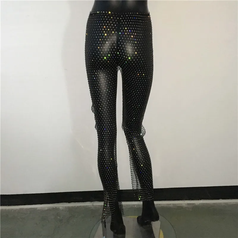 Sexy y2k streetwear Fishnet Rhinestone pants women clothing see through club party pants vintage clothes wide leg pants trousers images - 6