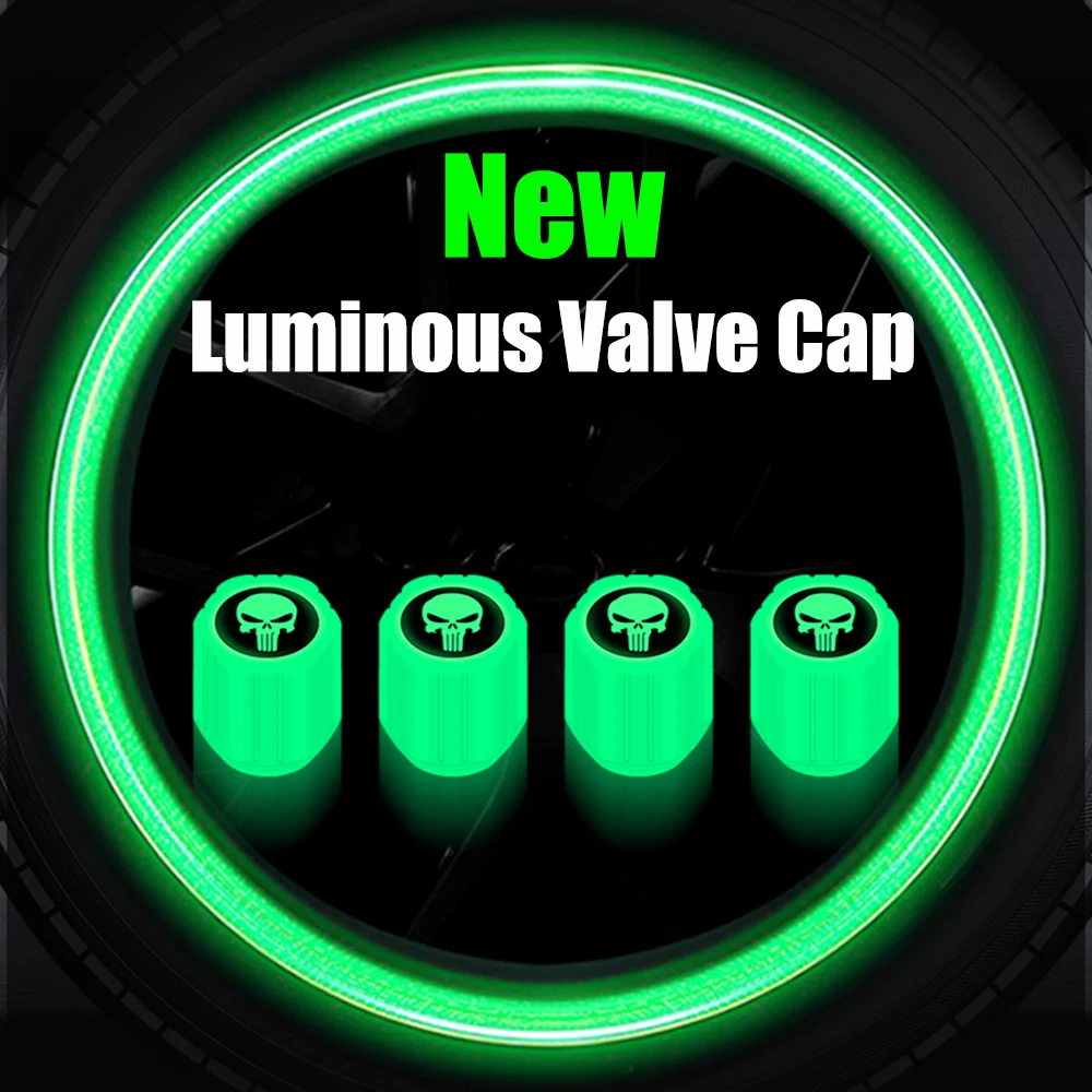 New Car Tire Valve Caps Luminous Tire Valve Cover Skull Wheel Cap Dust-proof Nipple Caps Applicable Car Motorcycle Bike