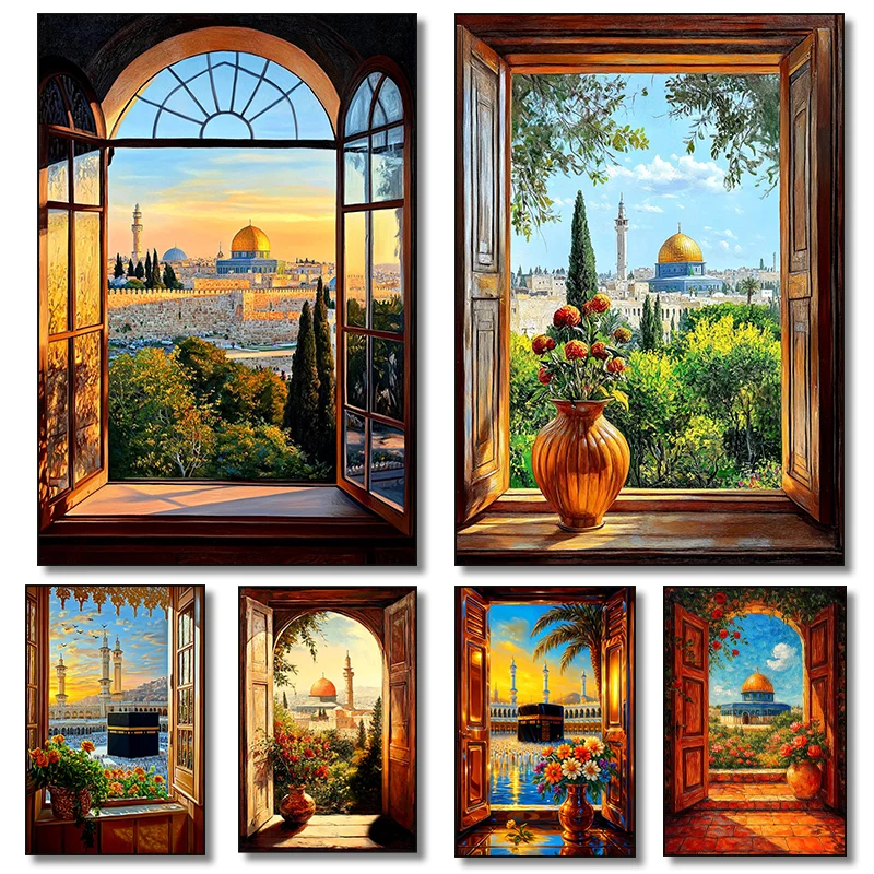 1pc frameless canvas painting Dome of The Rock Window View Painting Canvas Painting  Jerusalem Kaaba Islamic Art Floral Arch