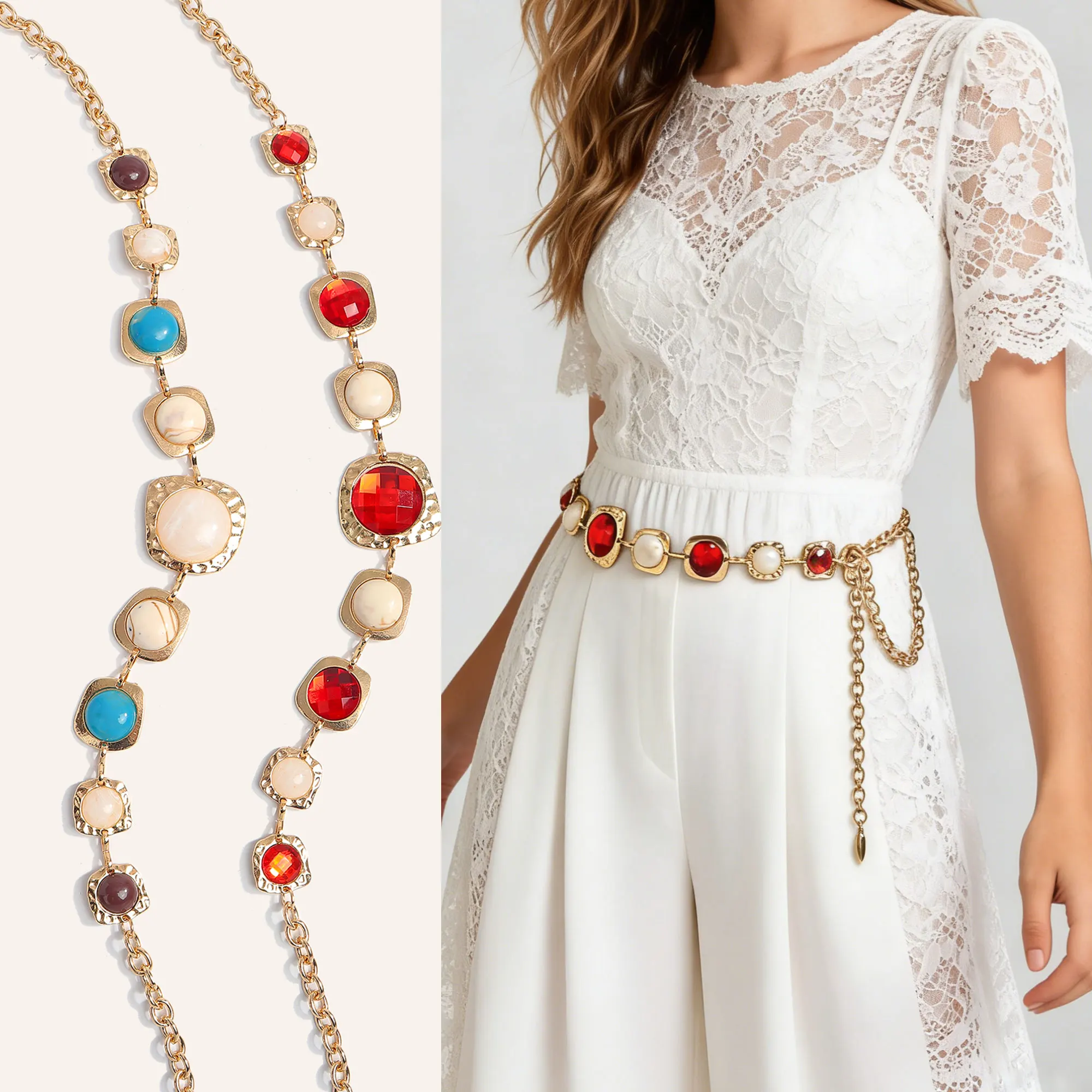 1pc Fashion Versatile Gemstone Women's Waist Chain Belt for Dresses And Pants Elegant Accessory