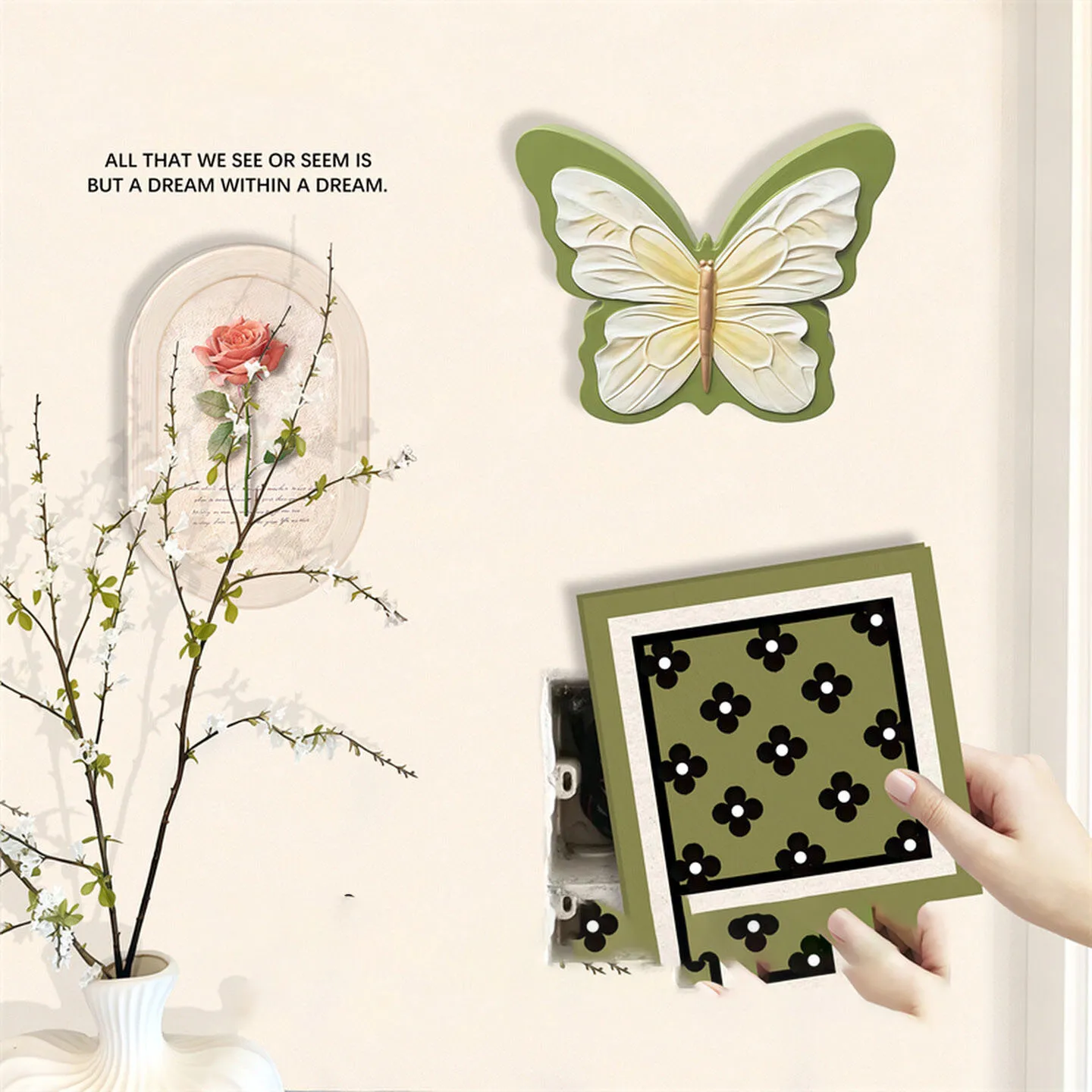 Vintage Floral Meter Box Cover with Stereo Butterfly Wall Sculpture No Drill Electrical Panel Hide Decor Cream House Decorations