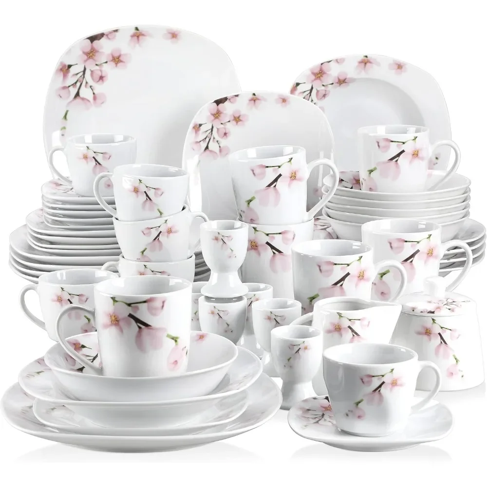 Series Annie, 50 PCS Floral Dinnerware Sets for 6, Including Porcelain Plates and Bowls Sets with Mugs, Egg Stands, Cup and