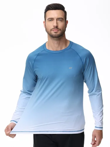Camiseta de natación de playa UPF 50+ de verano para hombre, camisetas de protección contra sarpullidos con gradiente de moda de manga larga de secado rápido para deporte, pesca y senderismo