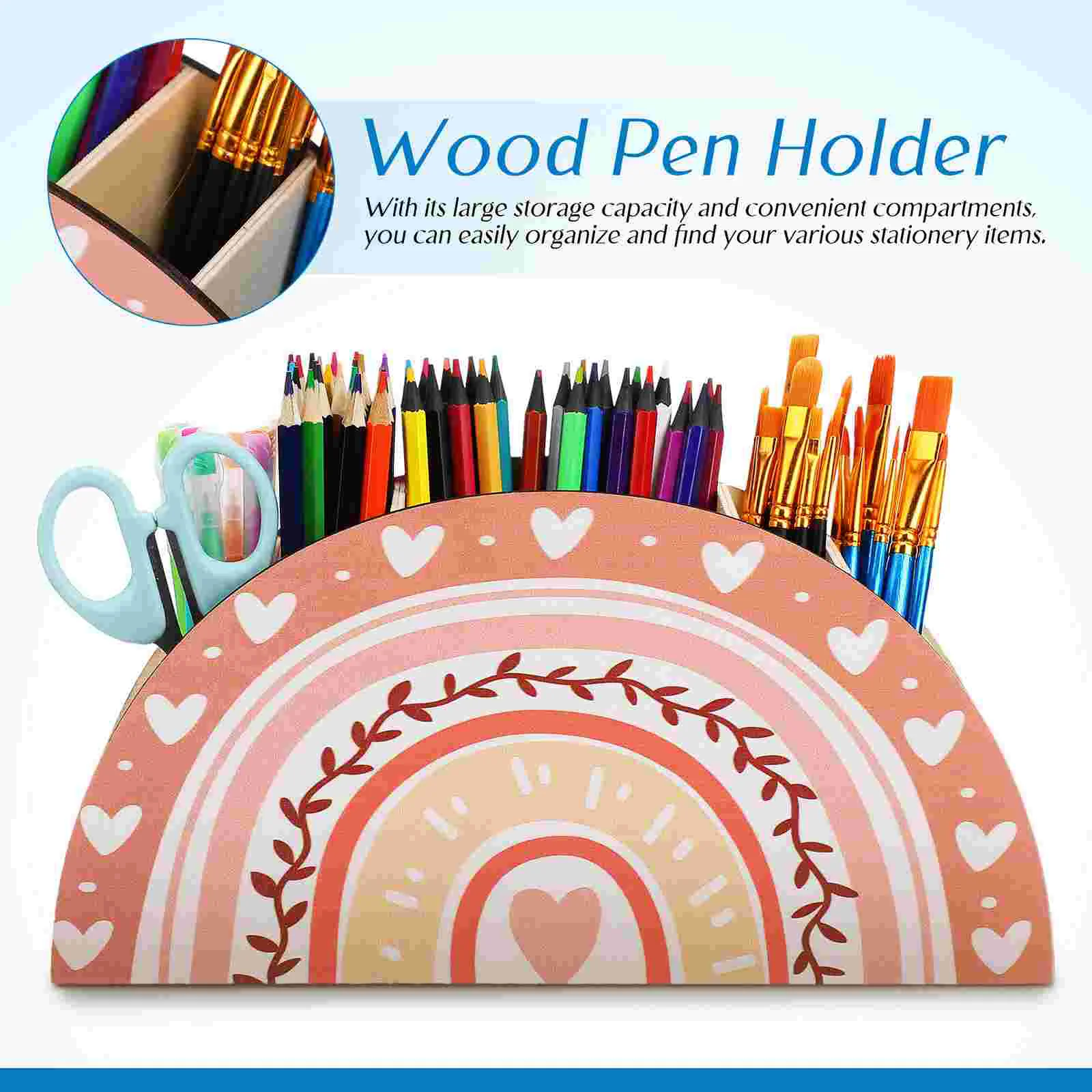 Wooden Pen Holder Stylish Desktop Storage Box Large Capacity Multi Compartment Strong Sturdy Cute Semi Circular Design Smooth