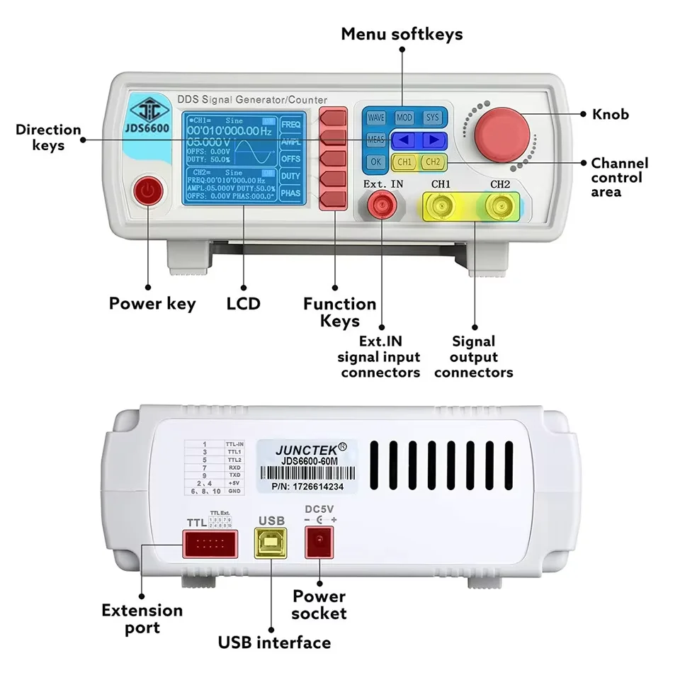 JDS6600 15/30/40/50/60MHz DDS función generador de señal/fuente Dual/2 canales medidor de frecuencia generador de pulso de forma de onda arbitraria