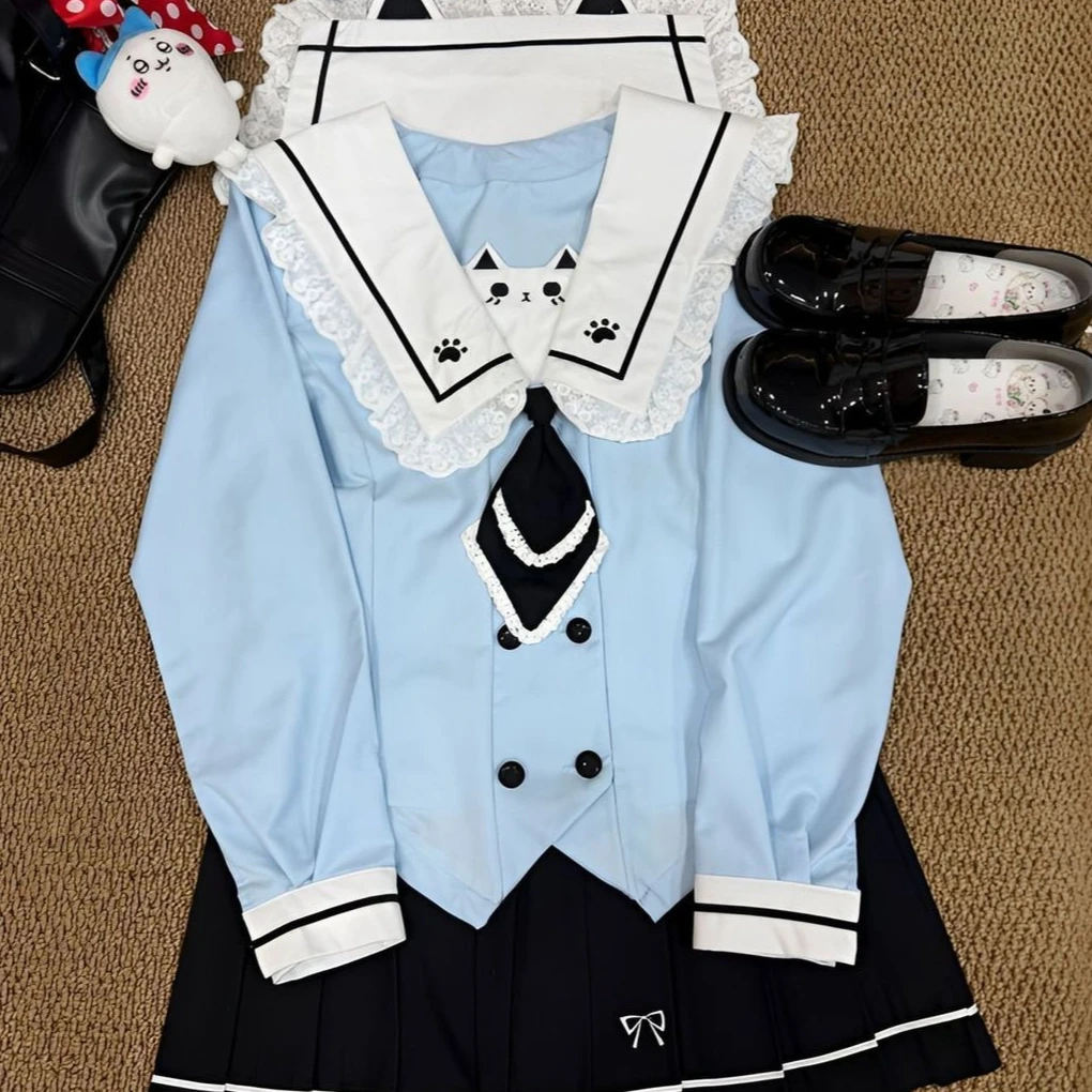 Authentic Japanese Korean Style Blue Cat Pattern Sailor Uniform Sweet JK Uniform Slimming Waist Preppy Style Long Short Sleeves.