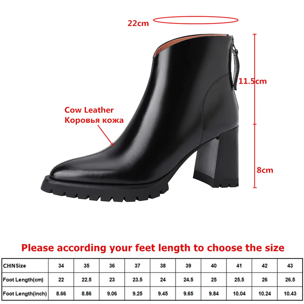 MILI-MIYA Women's Pointed-Toe Calfskin Ankle Boots With Chunky Heels And Solid-Colour Rear Zip Fastening Big Size 34-40 Handmade