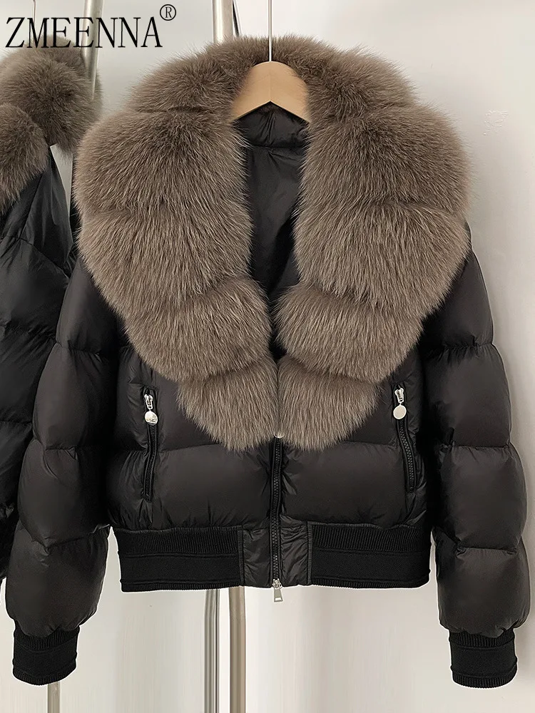 

ZMEENNA Black Puffer Women's Jacket With Large Faux Fur Hood And Zip Closure Casual Short Winter Coat Long Sleeves ZM3835