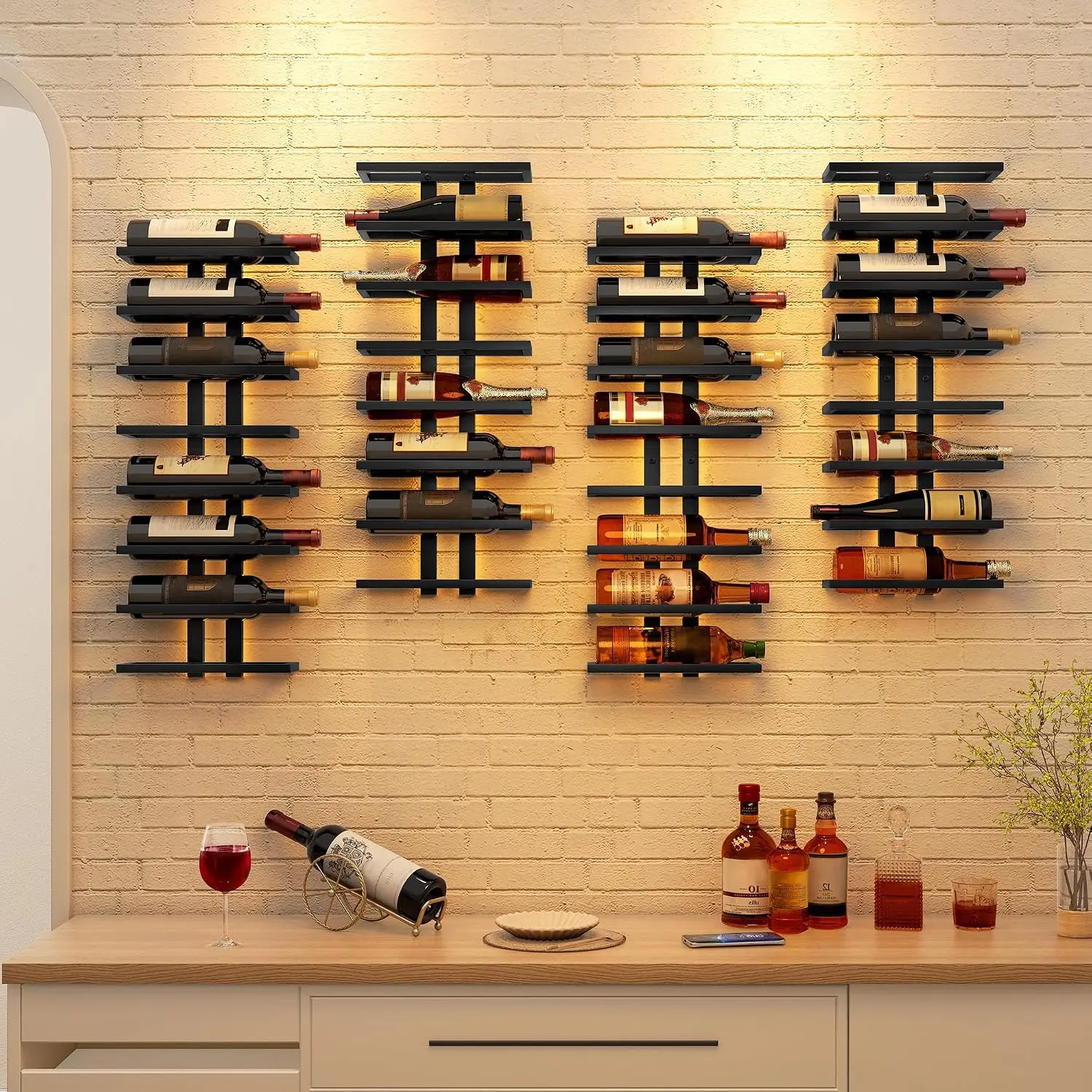 Wall Mount Wine Rack, 2-Set 8-Tier Design (16 Tiers Total), Hanging Wine Bottle Organizer for Display and Storage in Kitchen, Living Room, Wine Cellar, Bar, Black