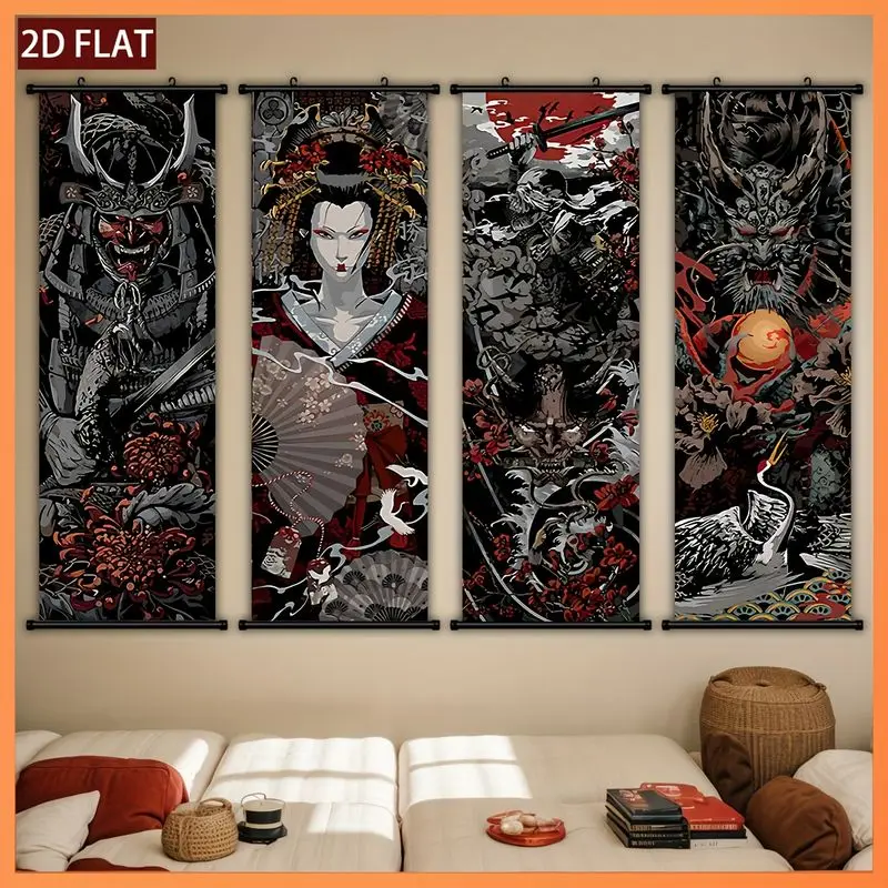 VIKAMA Japanese Samurai Scroll Wall Hanging Geisha Dragon Art For Bedroom Living Room Dark Red Black Background Home Decor