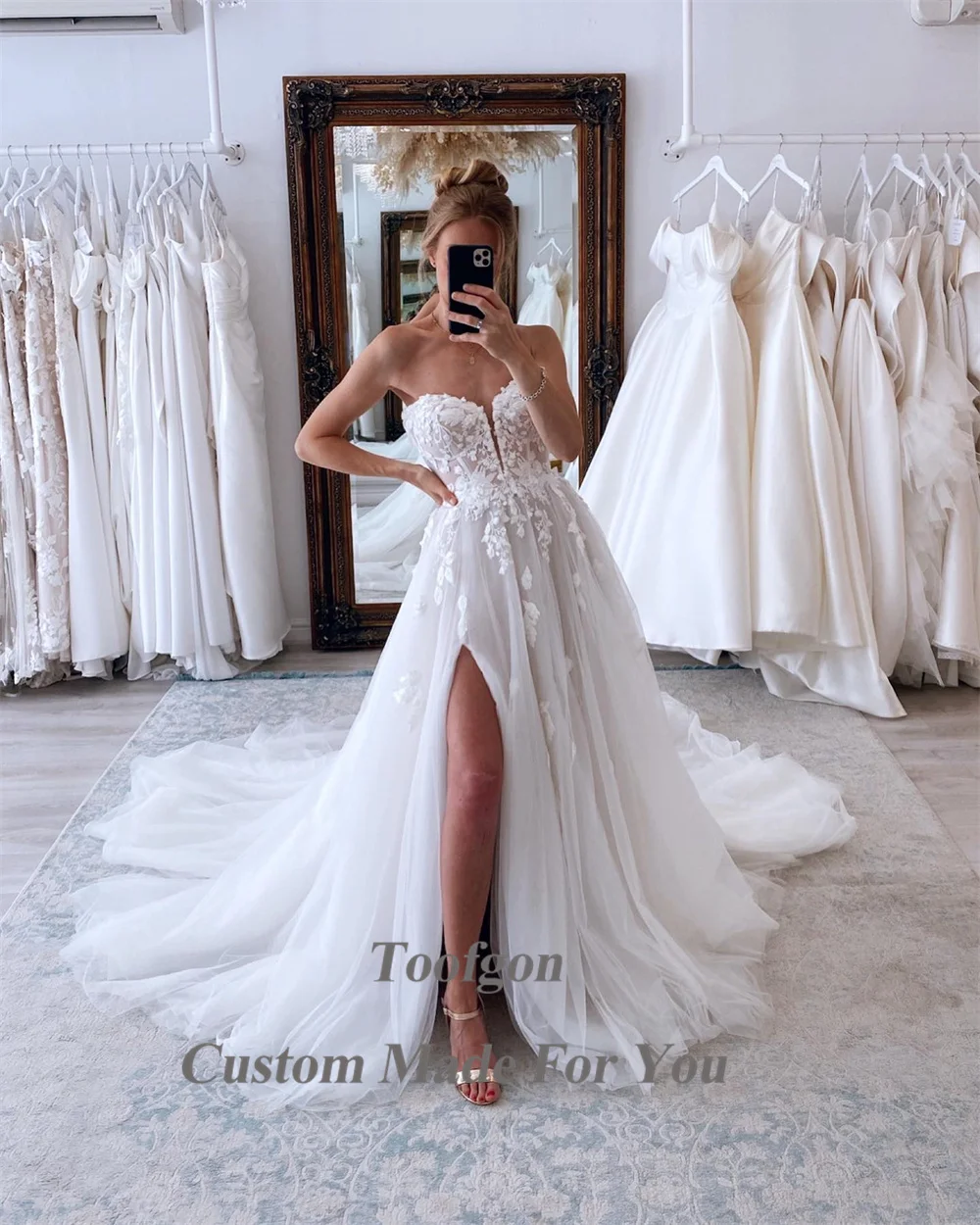 TOOFGON-Robe de Mariée en Dentelle pour Femme, Tenue de Mariage, Style Boho, avec Traîne, Fendue sur le Côté, Style Princesse, pour Patients