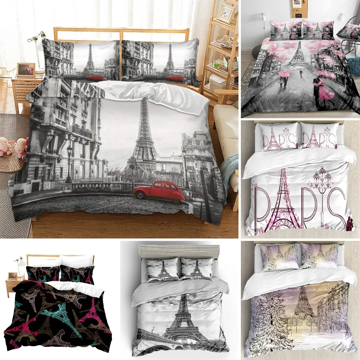 

Eiffel Tower French Paris Grey Girl Kids Quilt Durex Full King Size 3Pcs Duvet Cover Bedding Linen Set Bedspread200x200 240x220