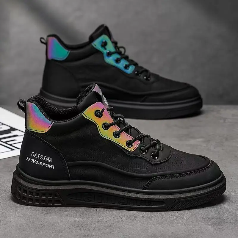 Men High Top Lace Up Casual Board Shoes Spring Autumn New Flat sole Waterproof Round Toe Casual Sneakers Little White Shoes