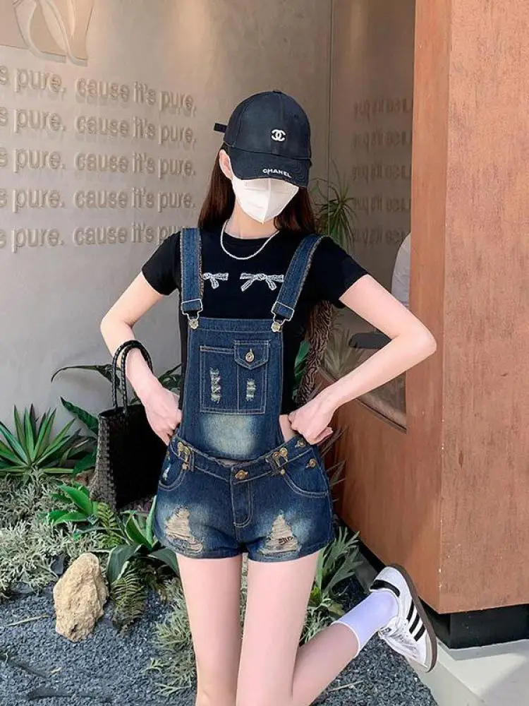 ヴィンテージ女性ブルーデニムスリムホリデーショーツジャンプスーツ夏のレディース多用途ストレートジーンズショートロンパースカジュアルストリートシック