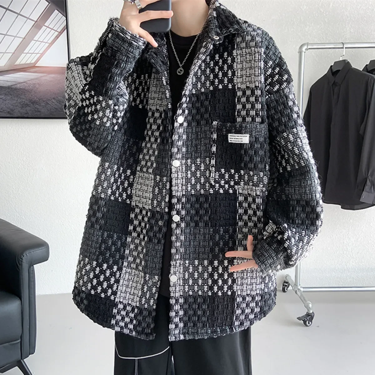 

Fashion Loose Spell Color Grid Single Breasted Lapel Jacket, Men's Spring and Autumn New Casual Handsome Jacket with Pockets