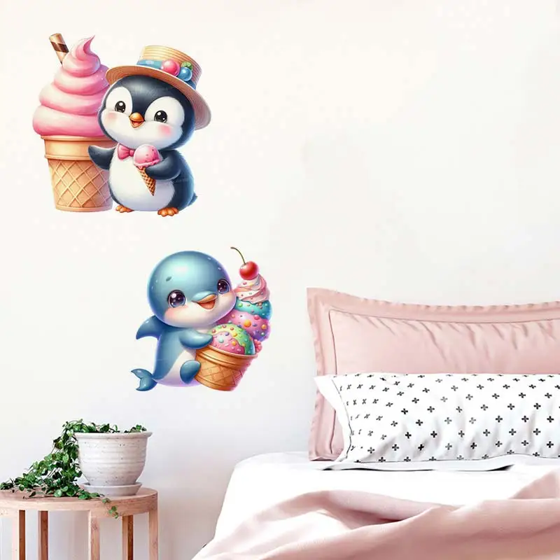 Cute Rabbit Deer Penguin With Ice Cream Wall Sticker Kids Room Cabinet Bedroom Refrigerator Home Decoration Animal Decals S310